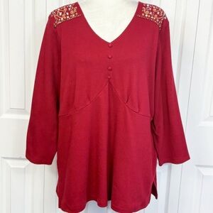 NWT Reference Point Berry Red Beaded Empire Waist 3/4 Sleeve Top 1X